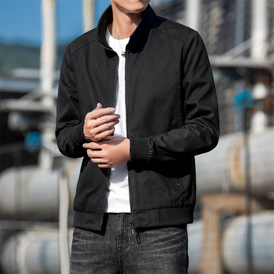Autumn Short Stand Collar Jacket Casual Zip Coat Men's Korean Trendy Workwear Men's Black Wear-resistant